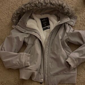 Hollister Gray Puffer Jacket with Faux Fur Hood